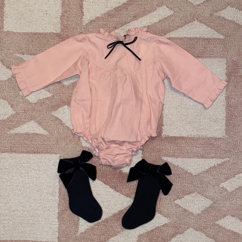 Bebe Organic - Baby Odette Romper - and Black long Socks with Velvet Black Bow